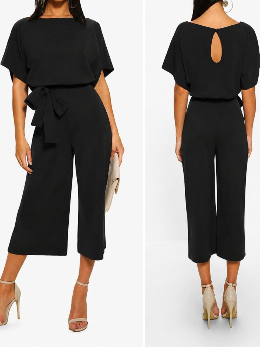 Chartou Dark Navy Short-Sleeve Jumpsuit with Waist Tie